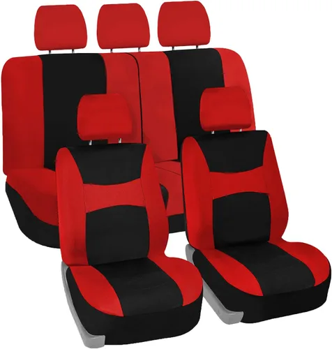 TLH Light & Breezy - Juego completo de fundas de asiento de tela plana, compatible con la bolsa de aire de seguridad, con cubierta de volante, Rojo