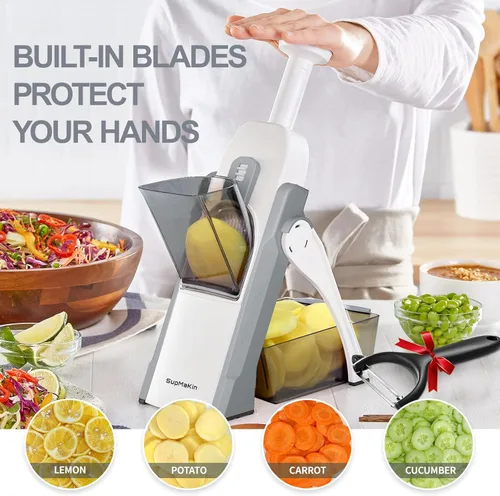Miniatura 3 de SupMaKin rebanador de mandolina seguro para cocina, cortador de verduras y papas en forma de chips, grosor ajustable manual, artefacto de corte