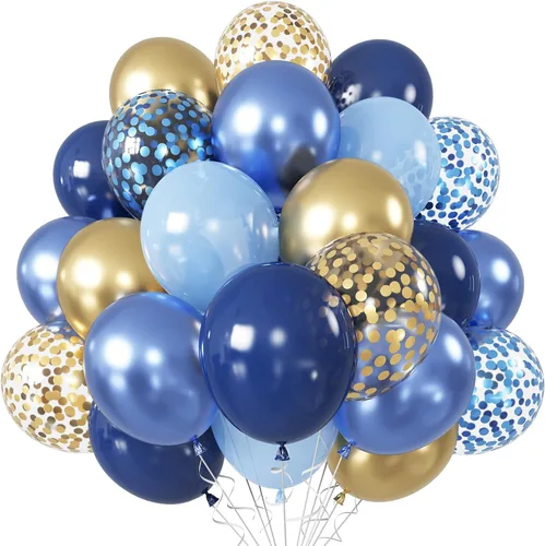 Miniatura 9 de Jobkoo Globos Azules y Blancos, 60 Pzs Globos de Látex Pastel Azul Bebé Plateado de 12 Pulgadas con Globos de Confeti Metálico Globos de Graduación