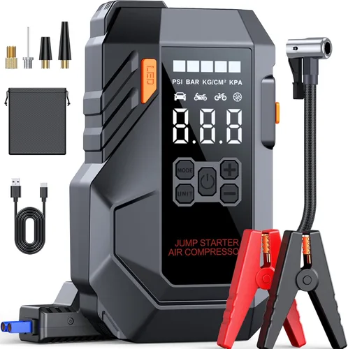 Miniatura 10 de Iniciador de 10 en 1 con compresor de aire 6000A 26800mAh 160PSI Iniciador de batería de coche portátil (todo gas/12L diésel), caja de arranque