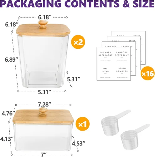 Miniatura 2 de Moforoco 2+1 Pack Bamboo Laundry Pods Container, Clear Laundry Room Organization Containers,Large Laundry Detergent Powder Storage Containers Lids &