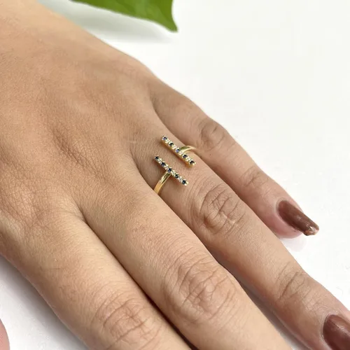 Miniatura 6 de Anillo de barra abierta de zafiro azul y diamante blanco alternativo para mujer, anillo de barra abierta de zafiro azul con acabado de oro de 14