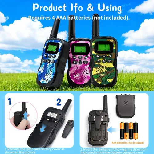Miniatura 2 de Huaker Walkie Talkies para niños, paquete de 3 unidades de 22 canales de radio de 2 vías con linterna y pantalla LCD, walkie talkies de alcance de 3