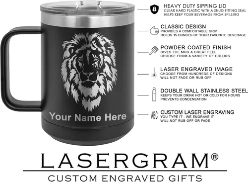 Miniatura 6 de LaserGram Taza de café aislada al vacío de 15 onzas, cabina de camión, grabado personalizado incluido (negro)