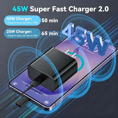 Miniatura 2 de Cargador súper rápido USB C de 45 W para teléfono Android tipo C, bloque de carga rápida con cable de 5 pies para Samsung Galaxy S26/S26
