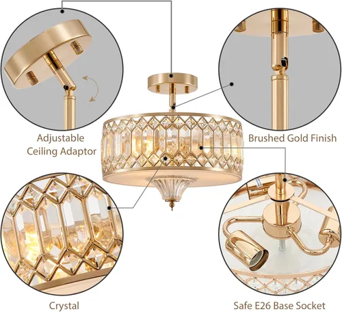 Miniatura 6 de Gold Crystal Ceiling Light Fixture for Hallway Foyer Bedroom Kitchen Island, 13" Modern Drum Round Close to Ceiling Light Fixture, 3-Light, Brushed
