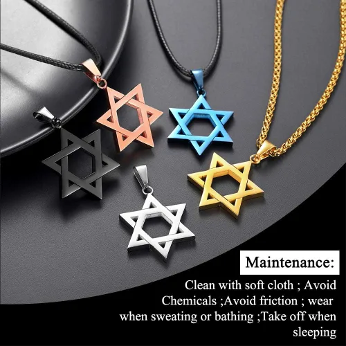 Miniatura 18 de U7 - Collar con Estrella de David para hombres y mujeres, dije hexagonal de acero inoxidable con cruz/piedra de rubí/collares clásicos judíos