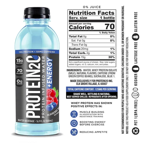 Miniatura 5 de Protein2o Paquete variado de agua con infusión de proteína de suero de leche, durazno mango y más sabores, botella de 16.9 onzas (12 unidades)