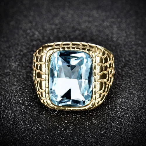 Miniatura 3 de Anillo grabado de acero inoxidable, color dorado, zirconia cúbica, aguamarina, azul sintético, de lujo, para hombre, de MASOP