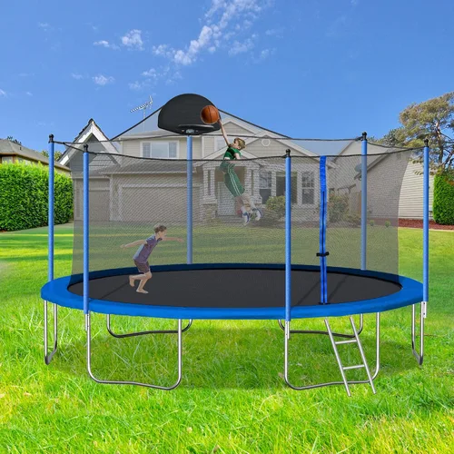 Miniatura 2 de Evedy Juego de trampolín de 16 pies, 14 pies y 12 pies con columpio, tobogán, aro de baloncesto, trampolines deportivos con red de cierre