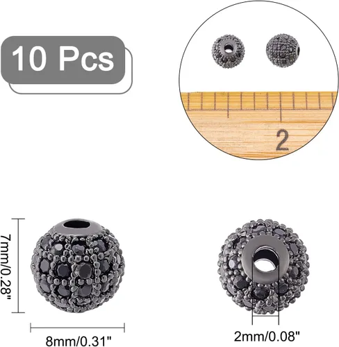Miniatura 6 de NBEADS 10 piezas de 0.315 in chapado en estante de latón con circonita cúbica redonda de cristal negro plomizo y cuentas redondas de circonita