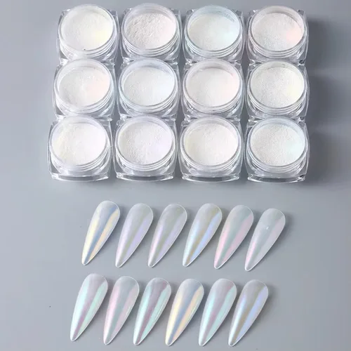 Miniatura 6 de 12 frascos de polvo de uñas cromado, perla blanca, holográfico, efecto degradado, polvo metálico aurora, polvo iridiscente perlado, polvo