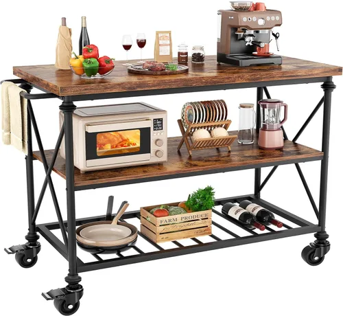 Carrito de isla de cocina Homieasy con ruedas, mesa de isla de cocina rodante de 3 niveles de madera y metal con patas de tubo, estantes de