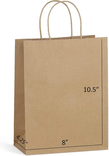 Eupako Bolsas de papel de 8 x 4.25 x 10.5 pulgadas, 100 bolsas de regalo de papel kraft marrón con asas a granel para compras, recuerdos de fiesta,