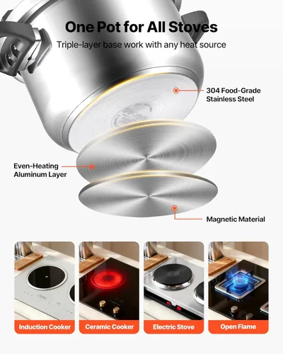 Miniatura 5 de VEVOR Olla a presión, olla a presión de 10 cuartos de galón, acero inoxidable, recipiente a presión con estante para vapor, tapa de vidrio templado