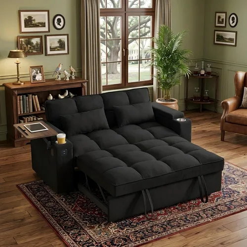 Miniatura 4 de Eafurn Sofá cama convertible con mesa giratoria de 360° y puertos USB, sofá biplaza de felpilla copetudo, sofá biplaza extraíble con reposabrazos