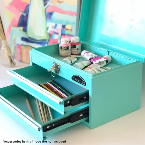 Miniatura 3 de Apollo Tools DT5010-GR - Caja de herramientas de acero de 14 pulgadas con compartimento superior profundo y 2 cajones de acero resistente con Verde