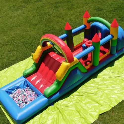 Miniatura 9 de Casa de rebote comercial de 16 pies con soplador, 100% PVC inflable con 2 toboganes, pozo de bolas, túneles, escalada, carrera de obstáculos 6 en 1