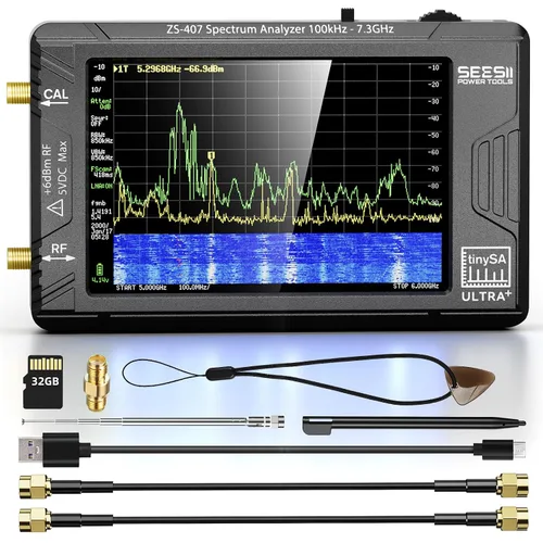 SeeSii TinySA Ultra+ ZS407 7.3GHz Analizador de espectro: 2025 Actualizado de 4 Pulgadas HW V0.5.4 100kHz-7.3GHz Analizador de frecuencia portátil -