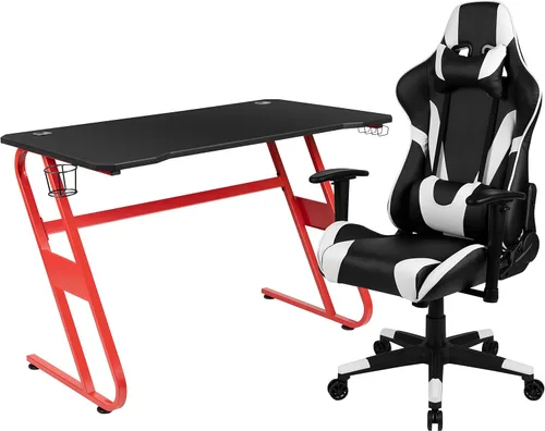 Miniatura 24 de Flash Furniture Juego de escritorio para juegos negro y silla de carreras blanco/negro con soporte para tazas, gancho para auriculares y soporte