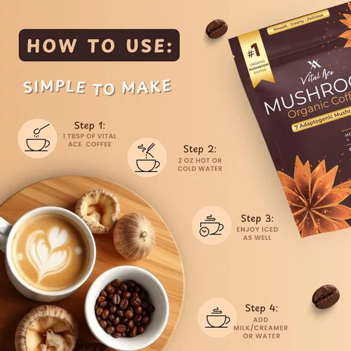 Miniatura 5 de Café en polvo orgánico de hongos con melena de león y 7 adaptógenos – Mejor energía, enfoque, inmunidad y salud intestinal – Mezcla de café