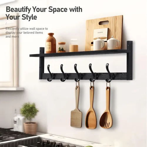 Miniatura 4 de Tatub Perchero de pared de 29 pulgadas con estante, ganchos de pared de madera con almacenamiento, estante de entrada con 5 perchas para baño, sala