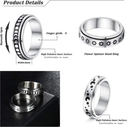 Miniatura 2 de Jstyle Juego de 4 anillos de acero inoxidable para mujeres y hombres, anillos giratorios de flores, luna, estrella, anillos frescos para aliviar