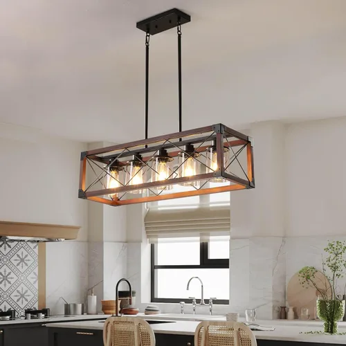 Miniatura 7 de Lámparas colgantes rústicas de casa de campo, candelabros para comedor y cocina, accesorios de luz de isla de 5 luces, candelabro de madera sobre