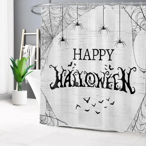 Miniatura 4 de LB Cortina de ducha de árbol muerto de terror y telaraña, cortina de ducha de baño, decoración de baño de Halloween, telón de fondo de madera