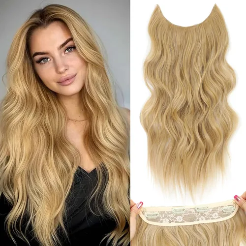 Miniatura 22 de Extensiones de cabello con halo de 12 pulgadas con alambre invisible, cabello largo ondulado ajustable, sintético, mejora con 4 clips de seguridad