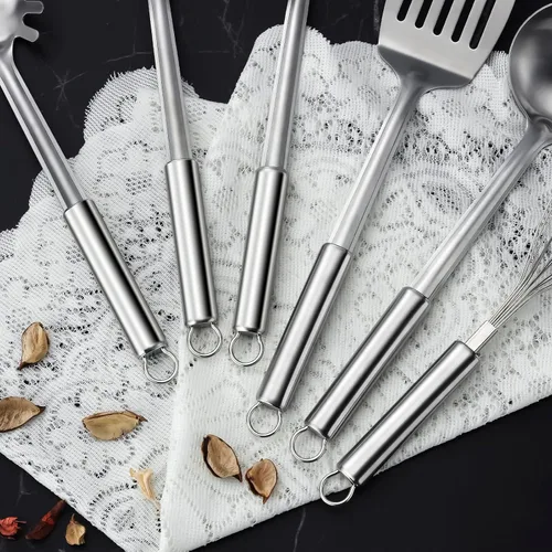 Miniatura 6 de Juego de 6 piezas de utensilios de cocina de acero inoxidable, utensilios de cocina con mango suspendido, espátula, espumadera, cucharón, cuchara