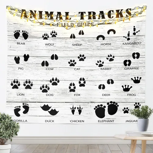 Feelyou Tapiz de huellas de animales para niñas y niños, manta de pared de campamento y caza, huella de animales salvajes, para colgar en la pared,