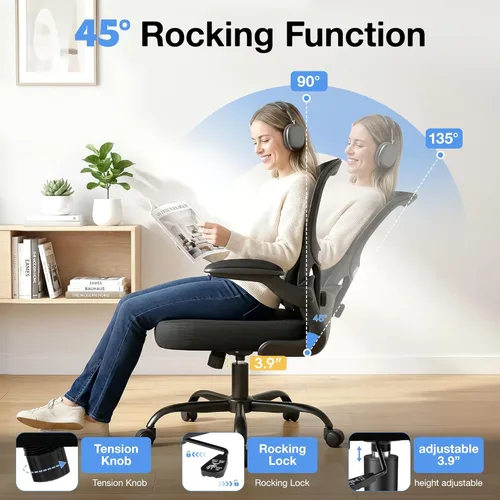 Miniatura 9 de ALLGOD Silla de oficina ergonómica, silla de escritorio ergonómica de malla transpirable con soporte lumbar ajustable, reposabrazos abatibles