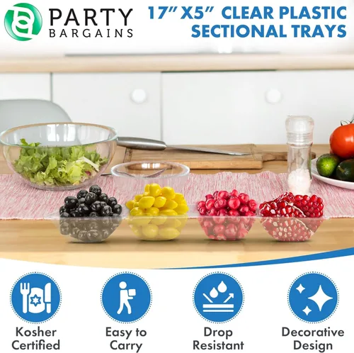 Miniatura 7 de Party Bargains Bandeja rectangular seccional desechable transparente (paquete de 8) de 5 x 16 pulgadas. Bandeja de plástico con 4 compartimentos