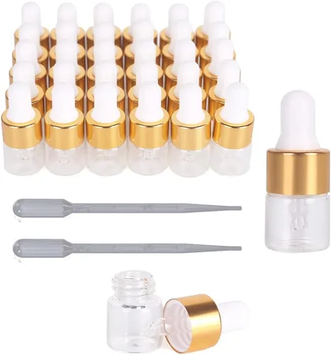 Miniatura 8 de Hauioe 50 botellas cuentagotas de vidrio transparente – 1/3/0.2 fl oz botella cuentagotas de aceite esencial con pipeta medidora y tapa dorada