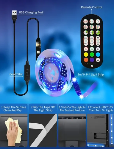 Miniatura 4 de Daymeet Retroiluminación LED para TV, 9.8 pies para TV detrás de TV de 32-60 pulgadas, luces LED para monitor, retroiluminación RGB, tira de luz