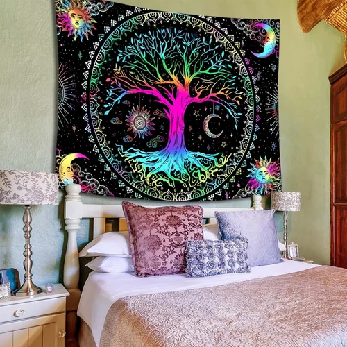 Miniatura 5 de Kanuyee Tapiz de pared con diseño de árbol de la vida, mandala, estrella y luna y galaxia, color negro para decoración de habitación