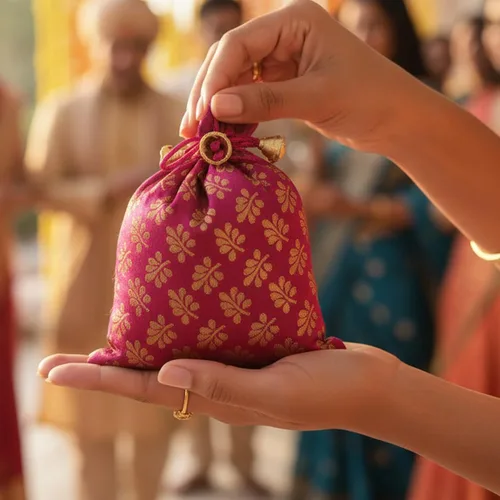 Miniatura 5 de Touchstone Hermosas bolsas de regalo reutilizables, respetuosas con el medio ambiente, con cordón grande, patrón de hojas de mimosa, brocado