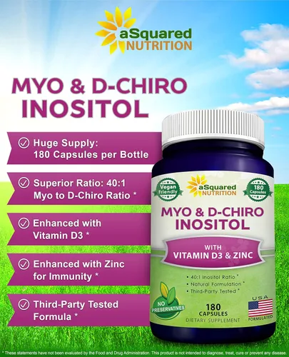 Miniatura 4 de aSquared Nutrition Suplemento de mio-inositol y D-Chiro inositol - 180 cápsulas - Más vitamina D3 y zinc - Proporción de mio y D-Chiro inositol 40 a