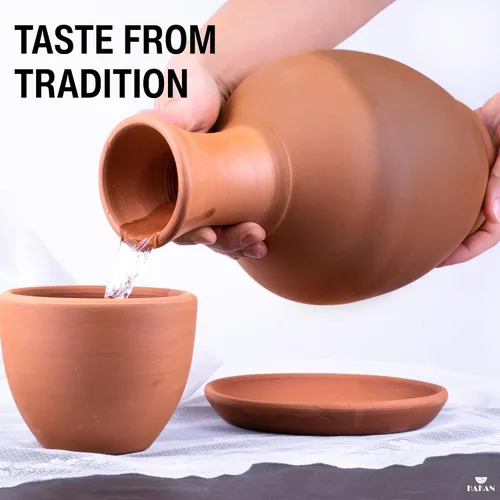 Miniatura 12 de Jarras de barro de terracota con taza y plato, juego de jarras de agua de tierra, tarro de cerámica para agua potable, 76 onzas