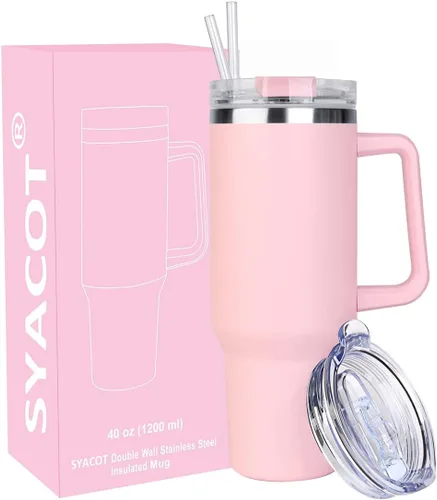 Miniatura 16 de SYACOT Vaso de 40 onzas con asa y pajita, vaso aislado de acero inoxidable, tapa a prueba de fugas y tapa con pajilla, taza de café de viaje