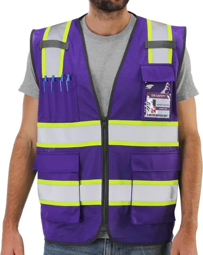 Miniatura 13 de Dib Safety Chaleco de malla reflectante de alta visibilidad en dos tonos con bolsillos y cremallera, malla azul con ribete amarillo, L Azul