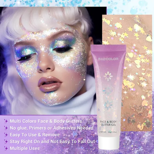 Miniatura 2 de BADCOLOR Gel de purpurina blanca para la cara y el cuerpo, maquillaje holográfico brillante con purpurina gruesa para cabello, uñas, labios, Blanco