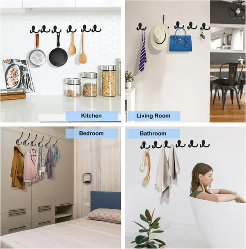 Miniatura 6 de Kruodop Paquete de 10 Ganchos de Pared Montados en Pared Ganchos para Abrigos para Colgar Resistentes, Ganchos Negros para Toallas, Colgador