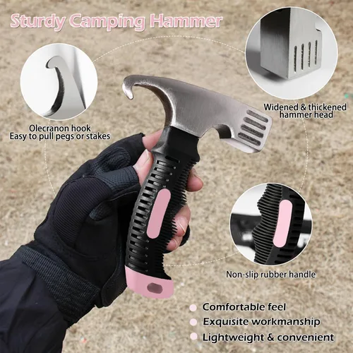 Miniatura 3 de Juego de 8 estacas para tienda de campaña y martillo de campamento, de metal resistente, ligero, con kit de martillo pequeño, para mujer, mazo