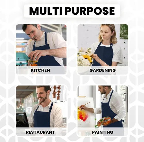 Miniatura 6 de Adjustable Bib Apron 100% Polyester Kitchen Aprons Waterdrop Resistant Aprons with Adjustable Strap, Pockets & Long Ties Azul marino