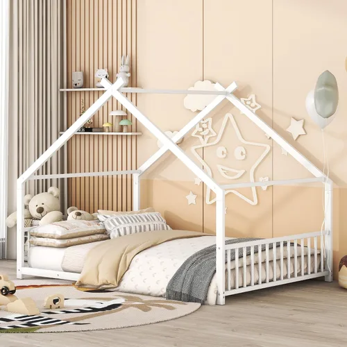 Miniatura 9 de P PURLOVE Marco de cama de tamaño matrimonial, marco de cama Montessori de metal para niños, marco de cama de casa para niños con techo, cabecero