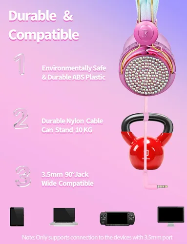 Miniatura 3 de Auriculares estilo unicornio para niños con micrófono, ideales para la escuela/viajes, limitador de volumen de 95 dB, Shareport, auriculares