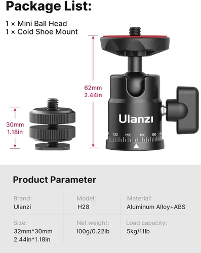 Miniatura 6 de ULANZI H28 - Cabezal de trípode panorámico con doble zapata caliente y adaptador de montaje de cámara DSLR, accesorios de fijación de fotografía