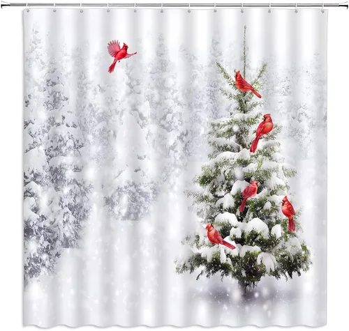 Miniatura 7 de Cortina de ducha de Navidad de invierno con pájaros rojos de Navidad, pájaros, árbol de pino, rama, bosque, copo de nieve, nevada, día festivo